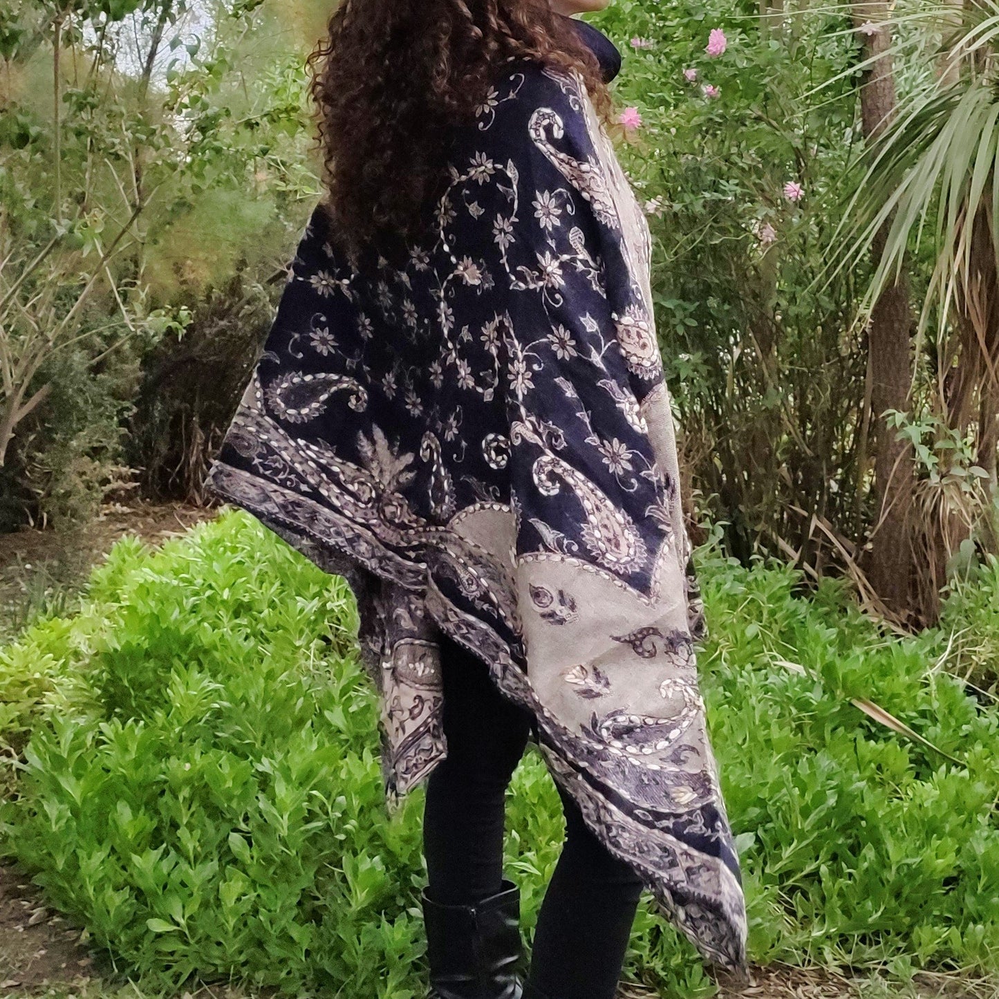 Poncho pashmina scarf stole blue and beige