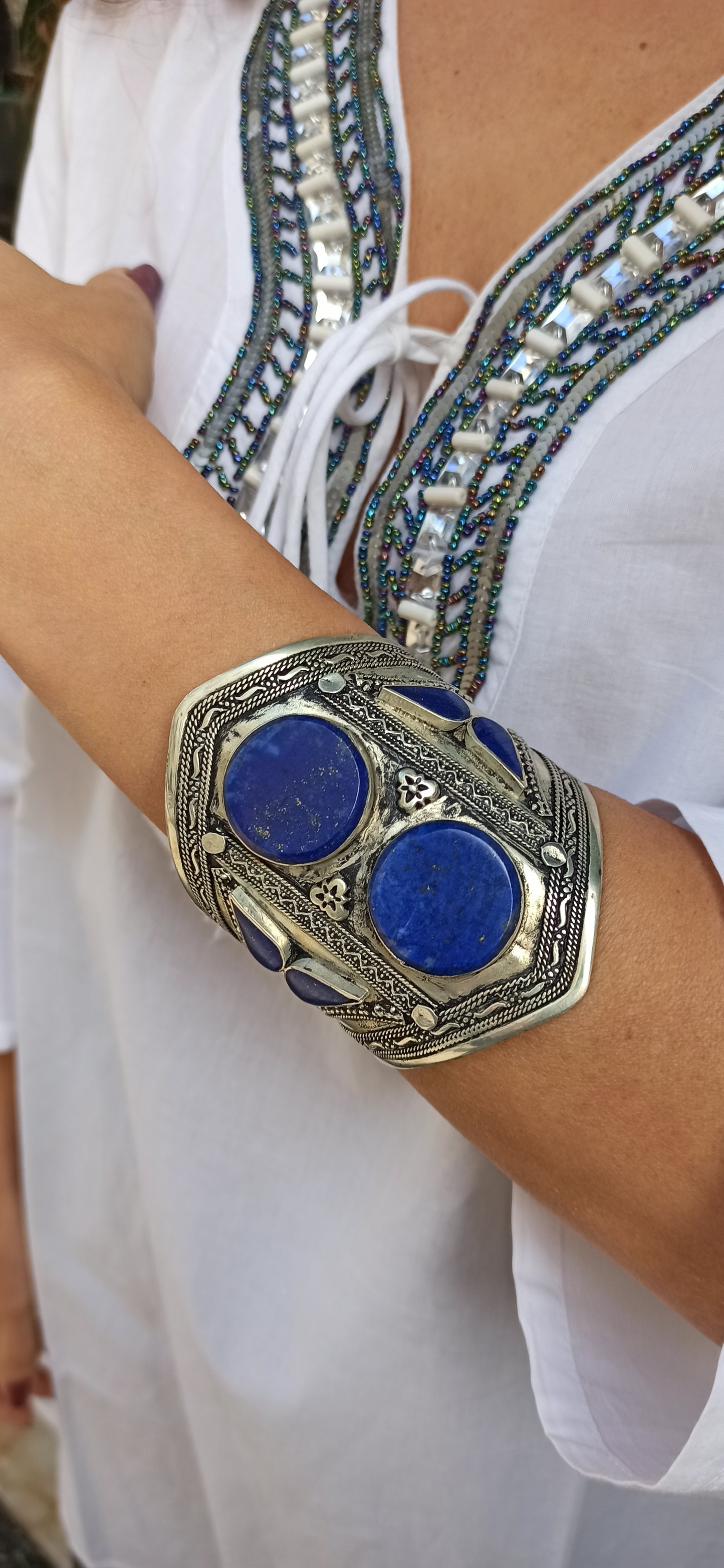 Antique vintage lapis lazuli open slave bracelet