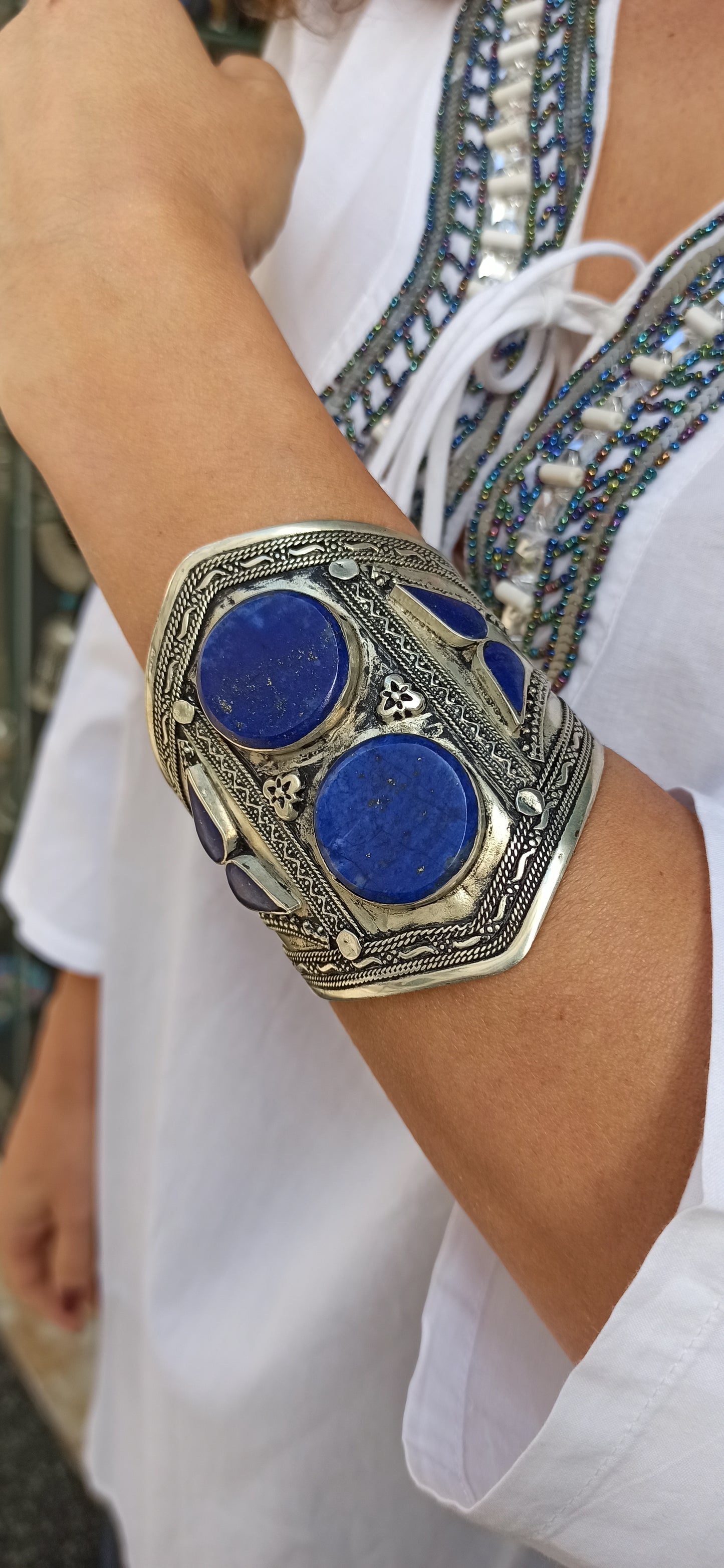 Antique vintage lapis lazuli open slave bracelet