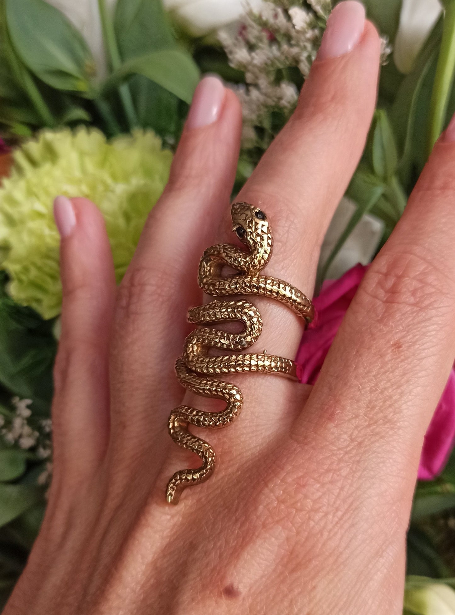 Boho golden double spiral snake ring