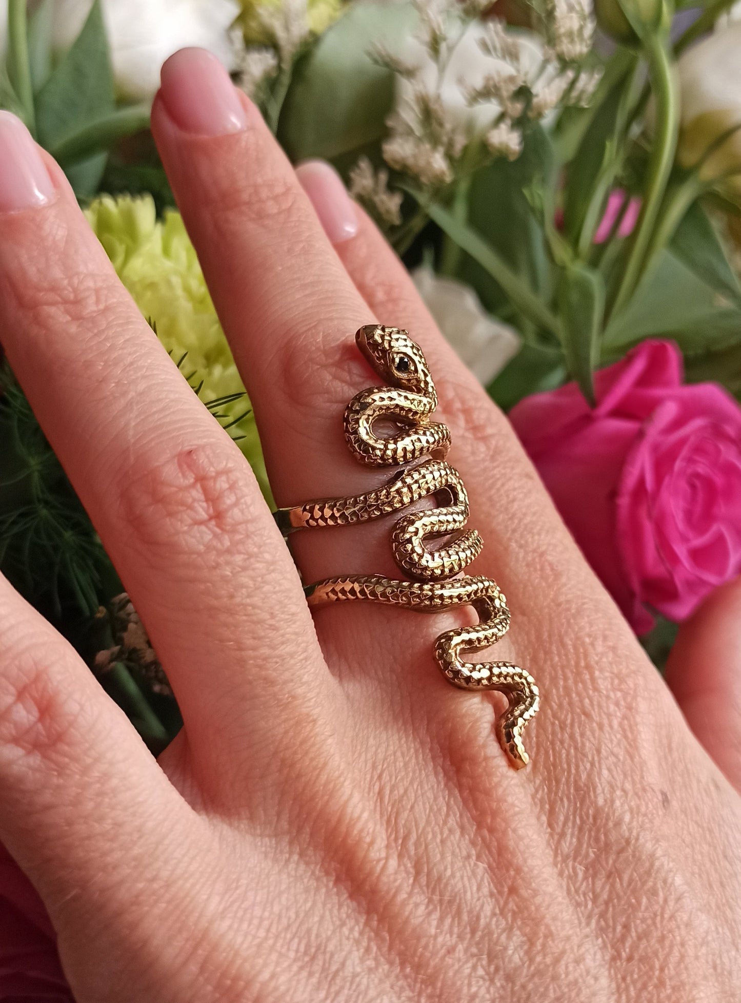 Boho golden double spiral snake ring