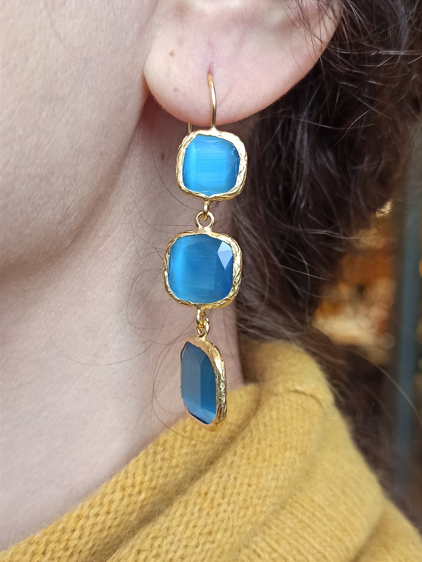 3 blue stone earrings