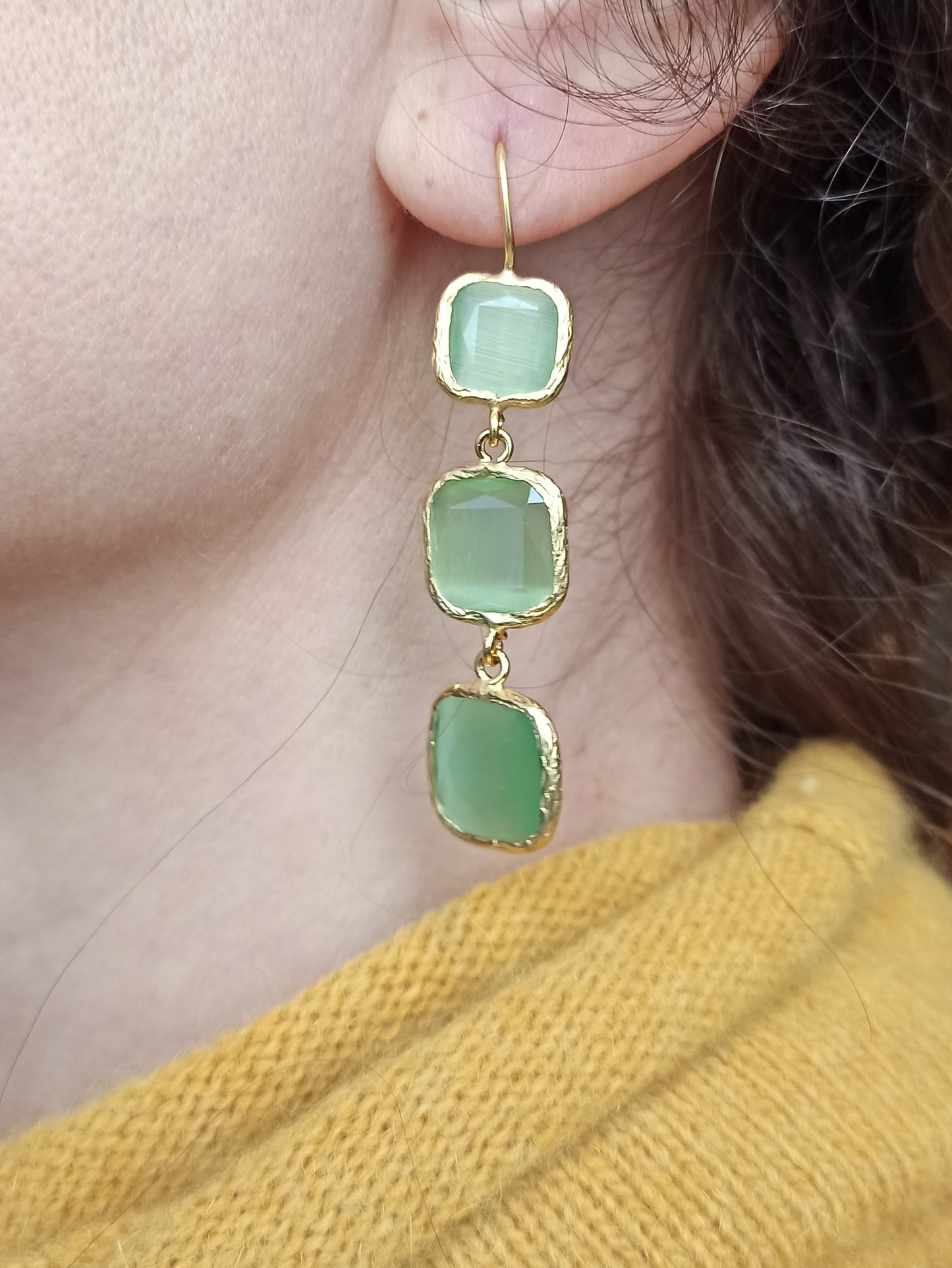 3 light green stone earrings