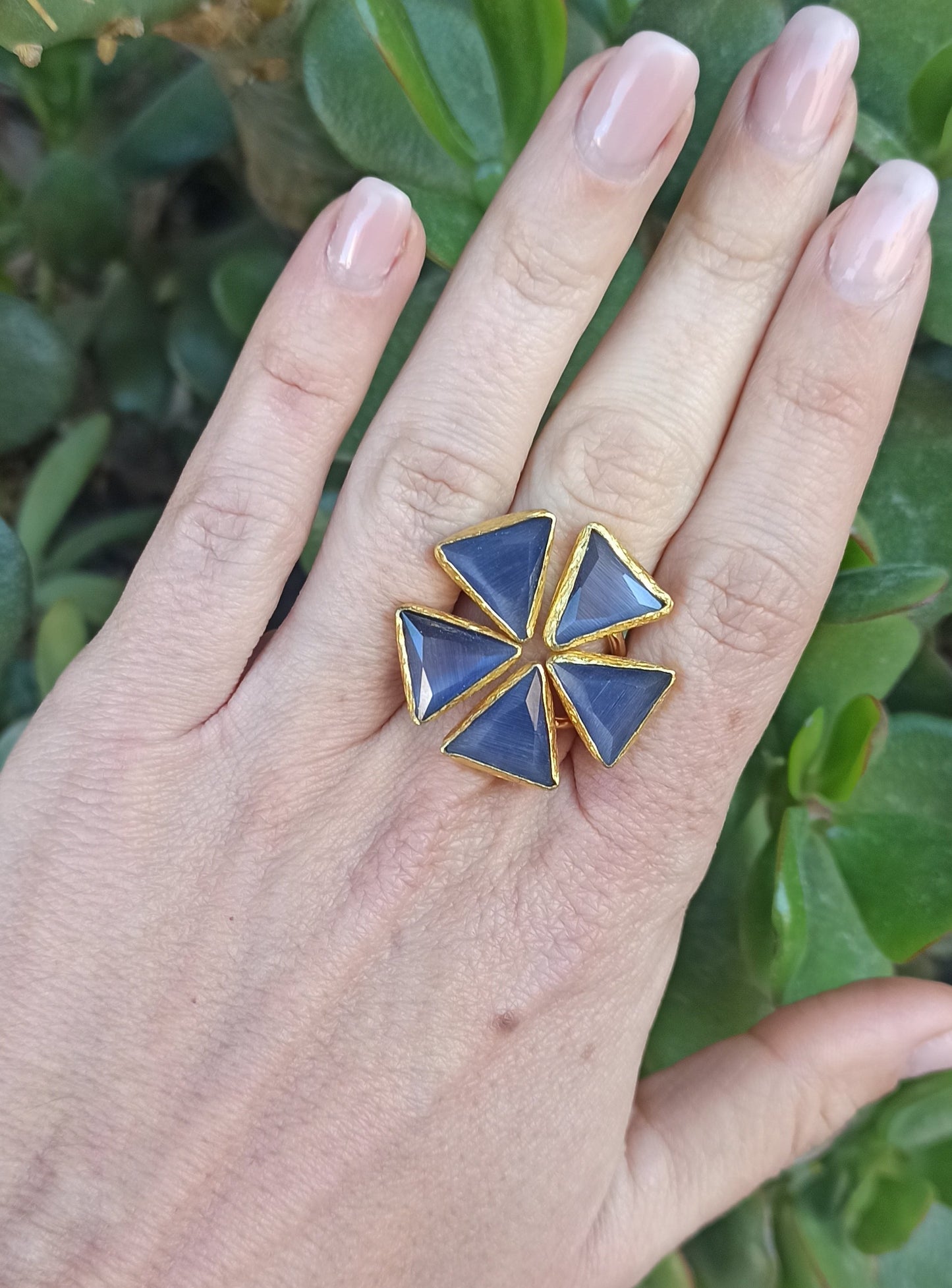 Golden ring with 5 blueberry triangles