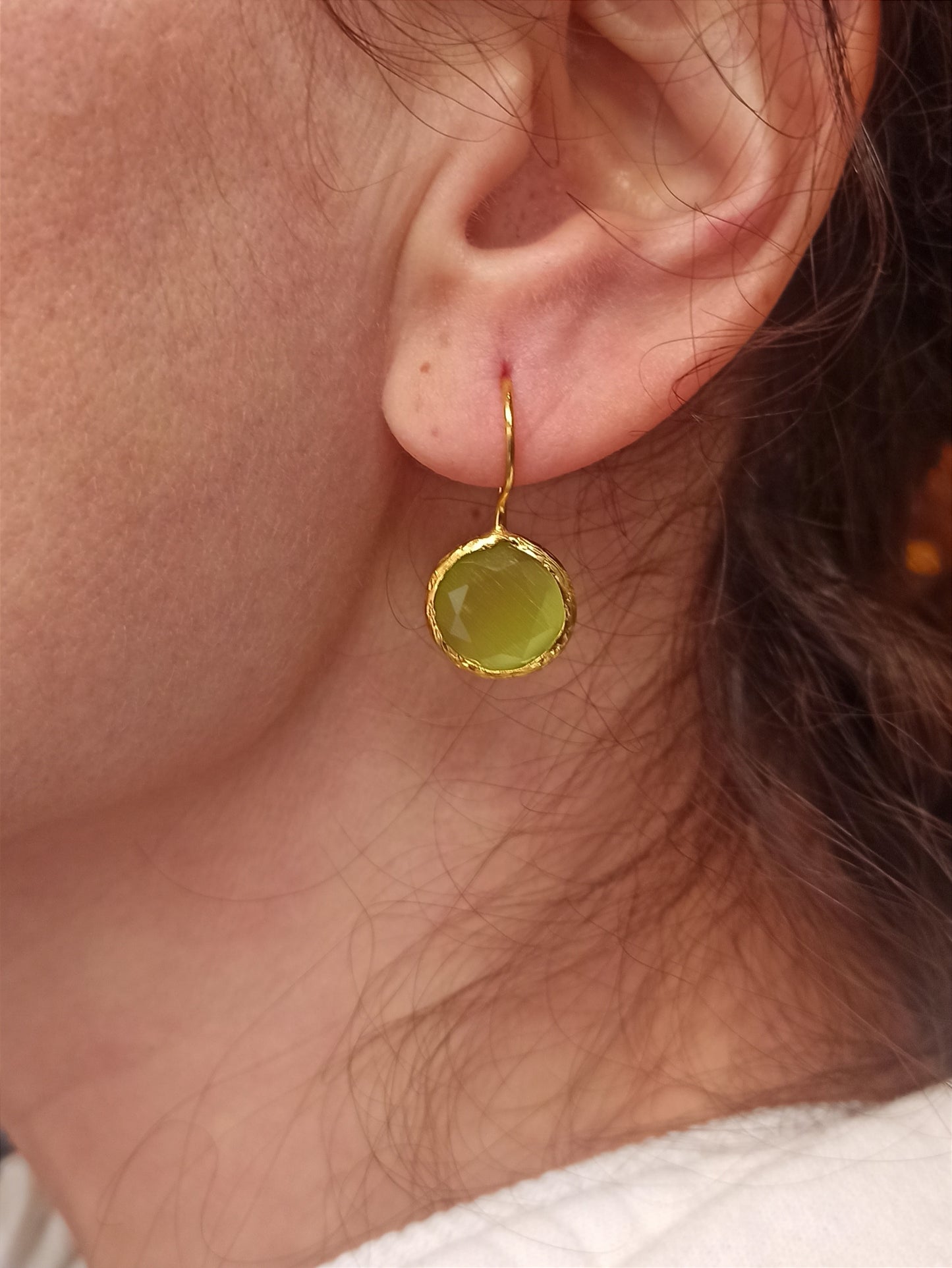 Small acid green round stone earrings