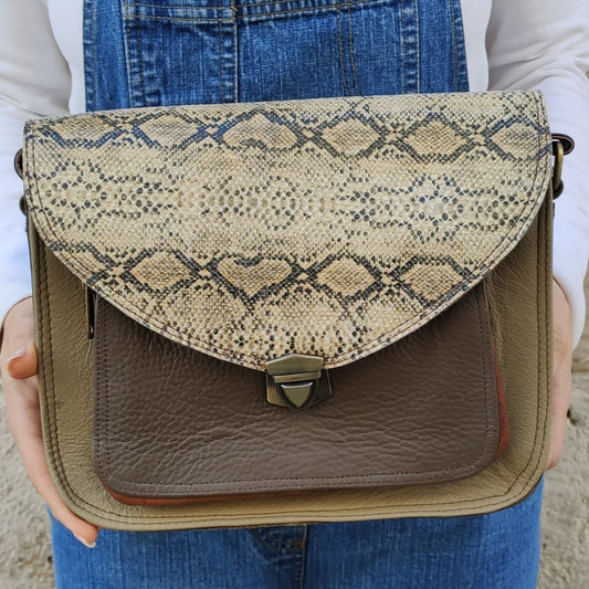 Python mud green leather shoulder bag