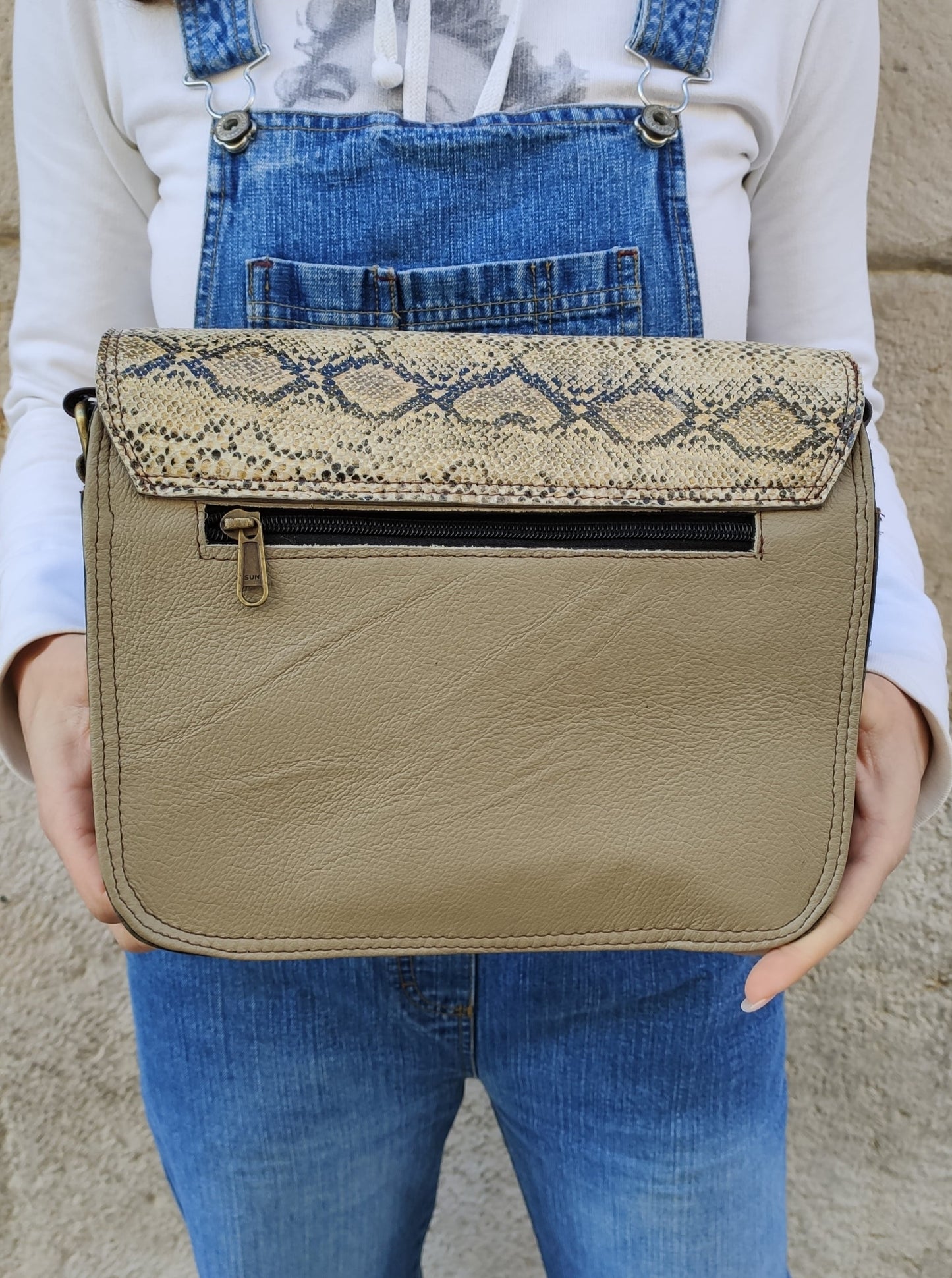 Python mud green leather shoulder bag