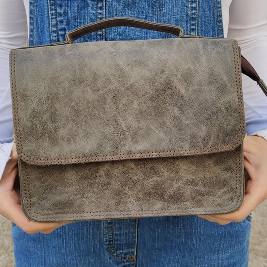 Small gray leather shoulder bag