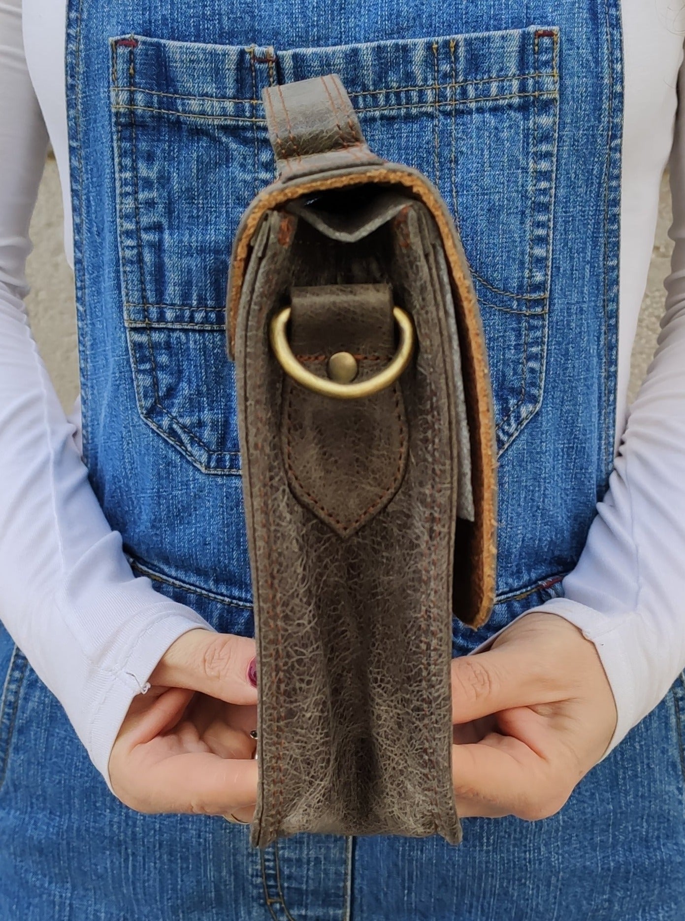 Small gray leather shoulder bag