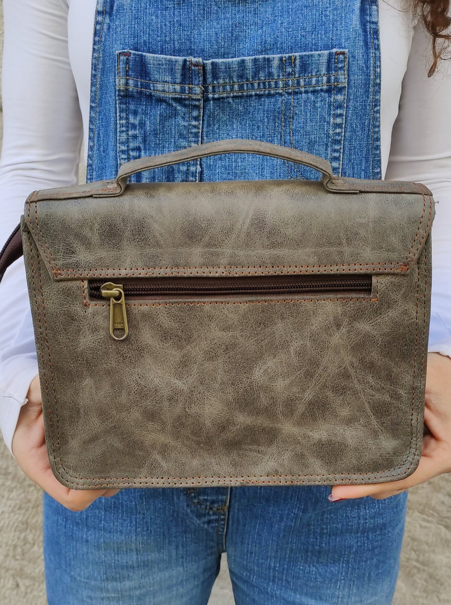 Small gray leather shoulder bag