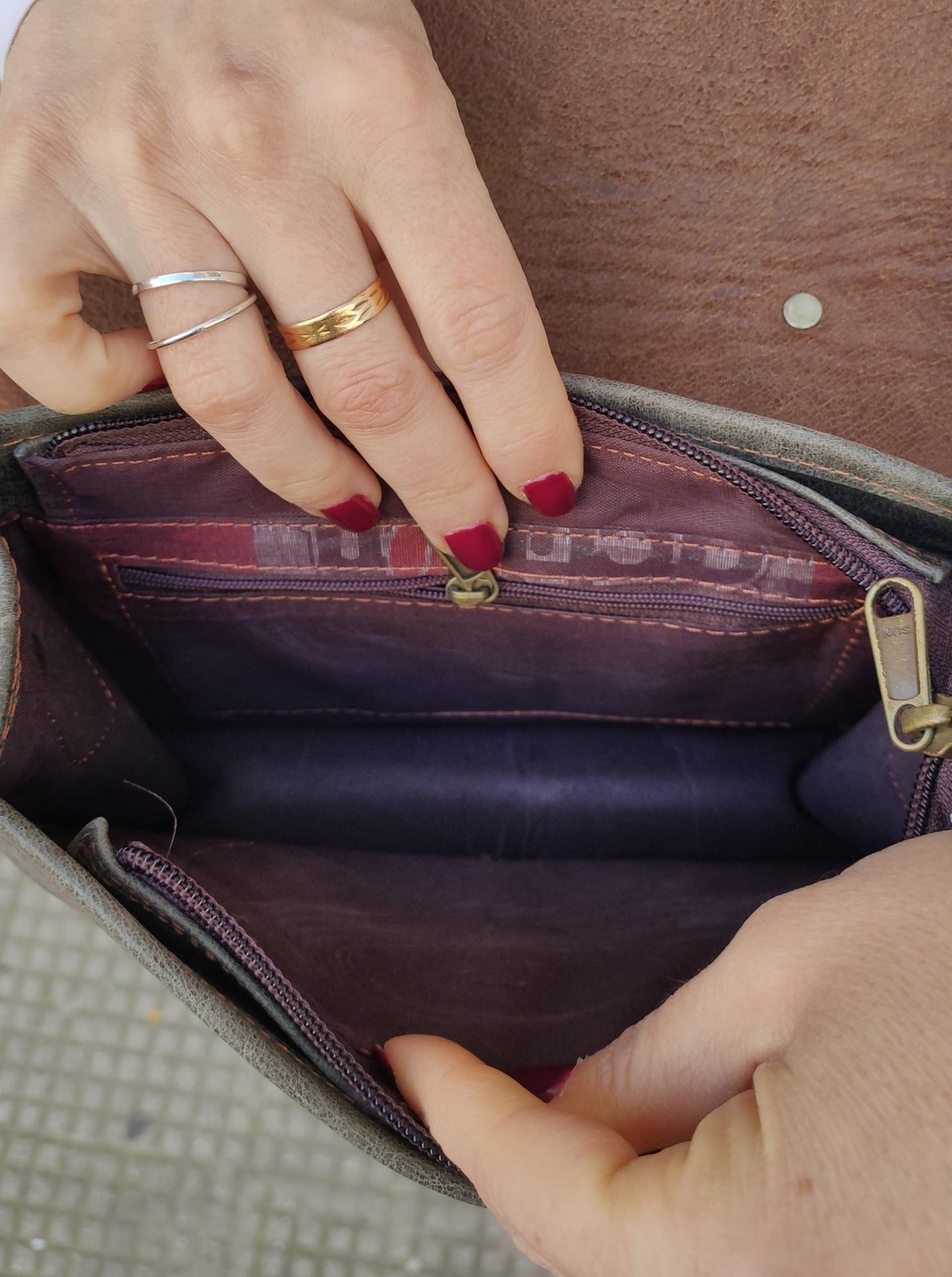 Small gray leather shoulder bag