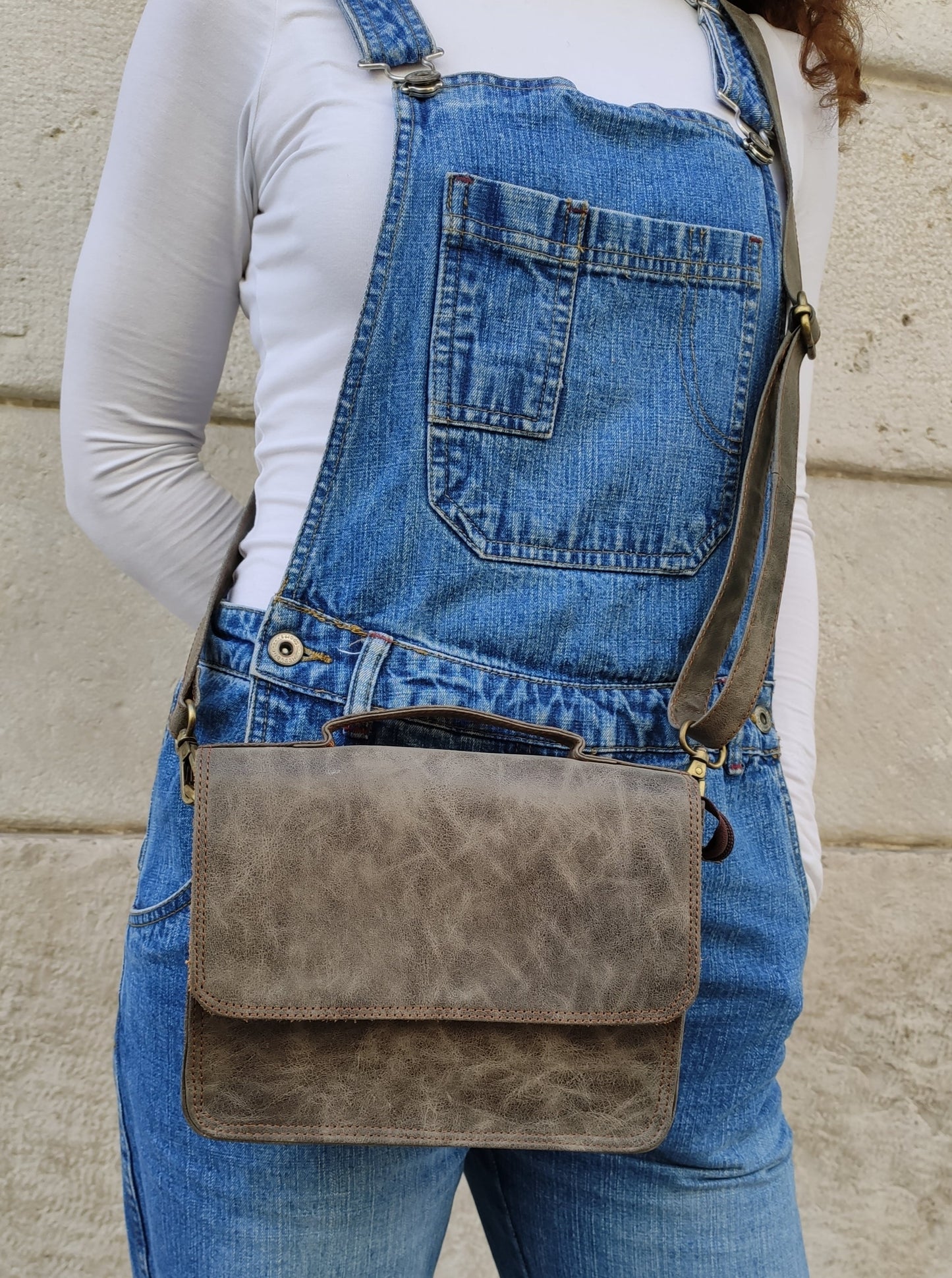 Small gray leather shoulder bag