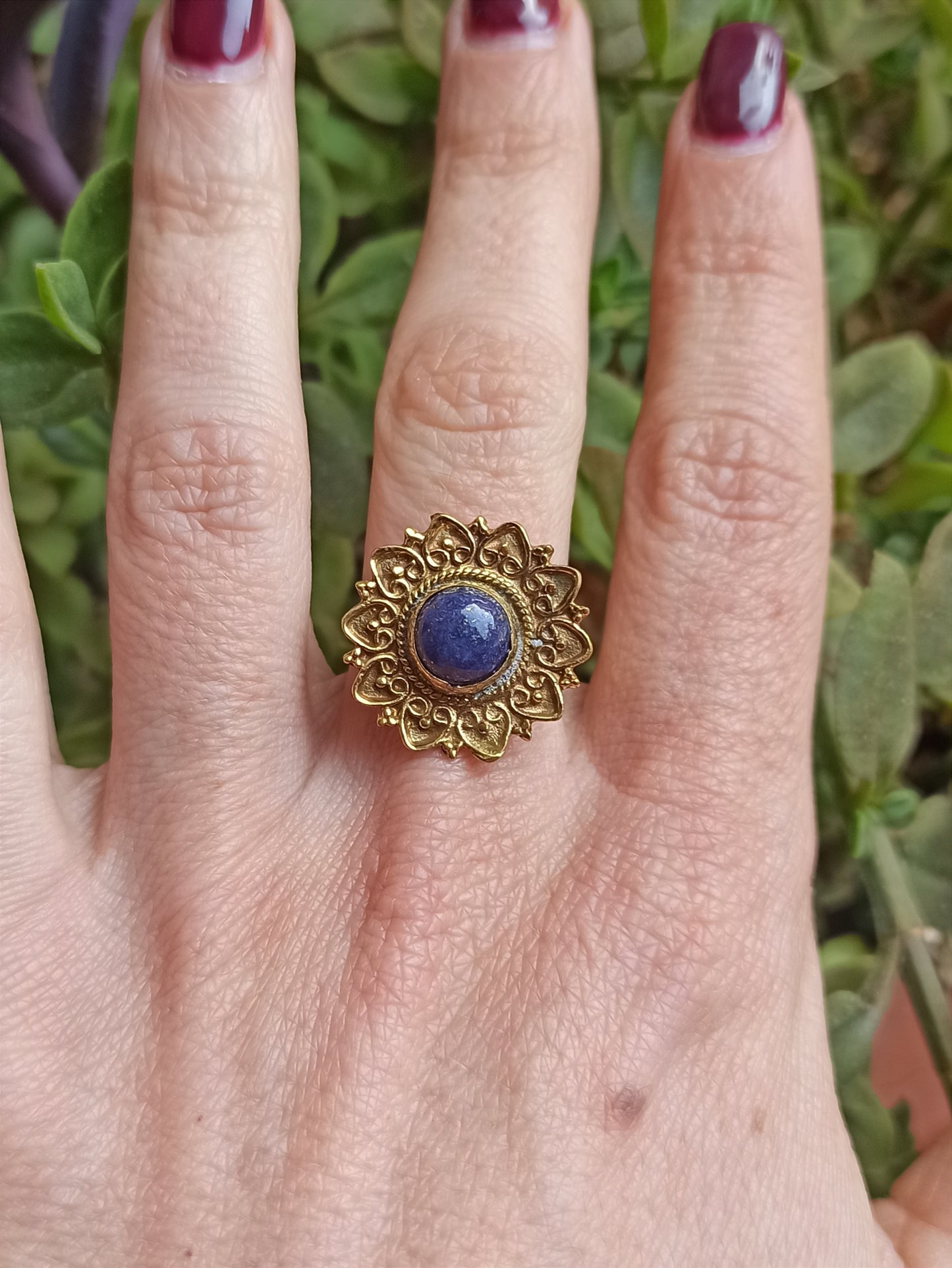 Golden lapis flower boho ring