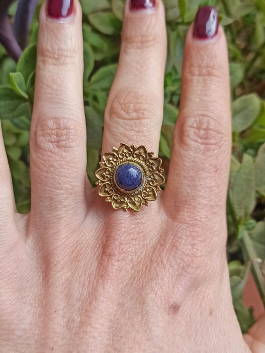 Golden lapis flower boho ring