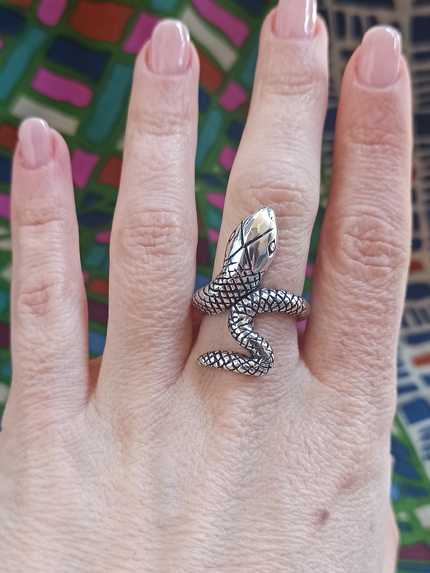 Curled tail silver snake boho ring