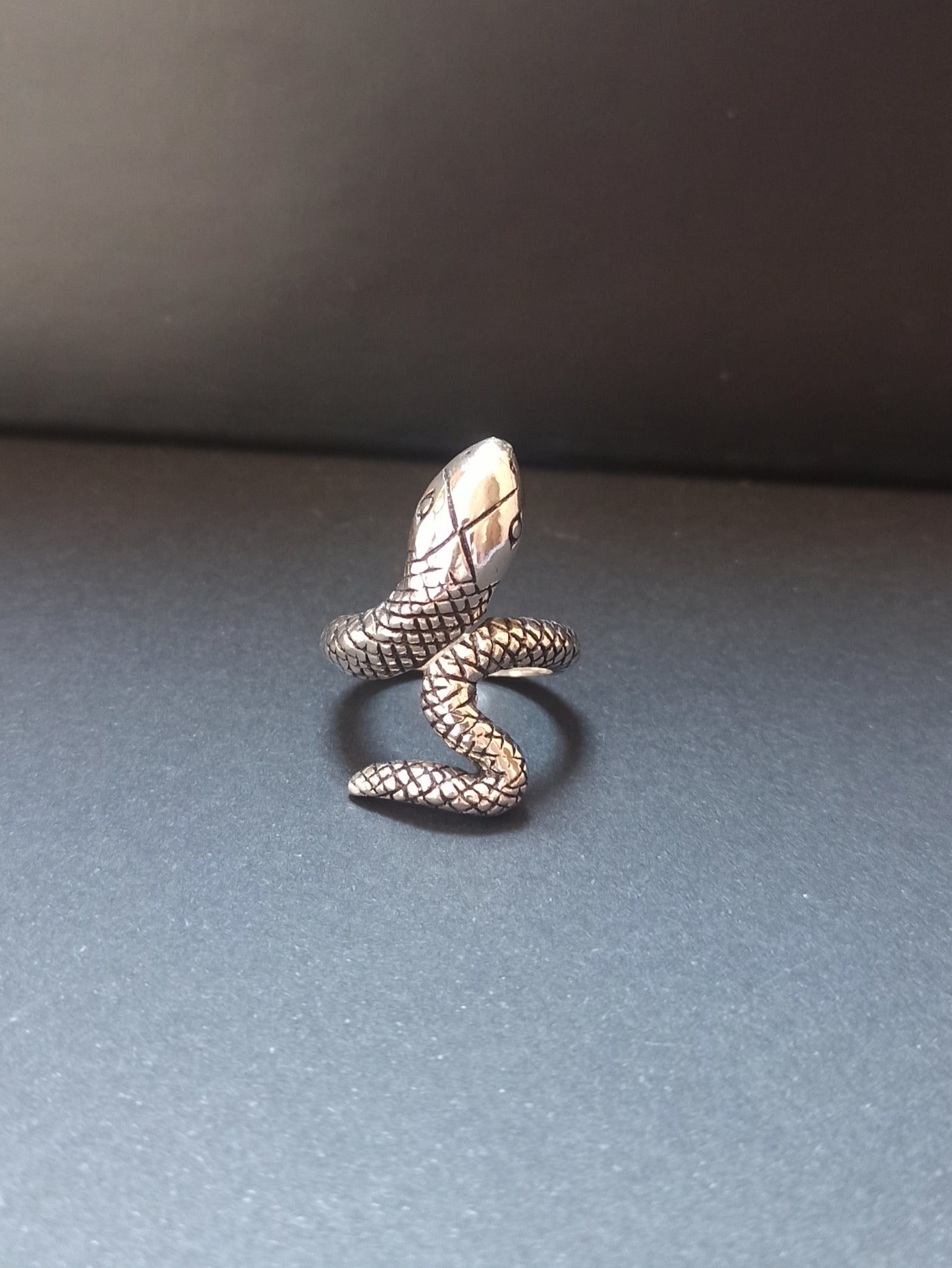 Curled tail silver snake boho ring