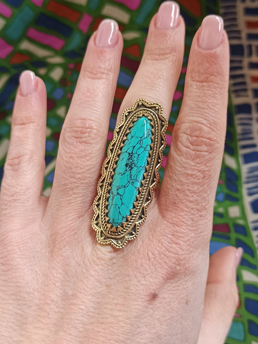 Turquoise long golden boho ring