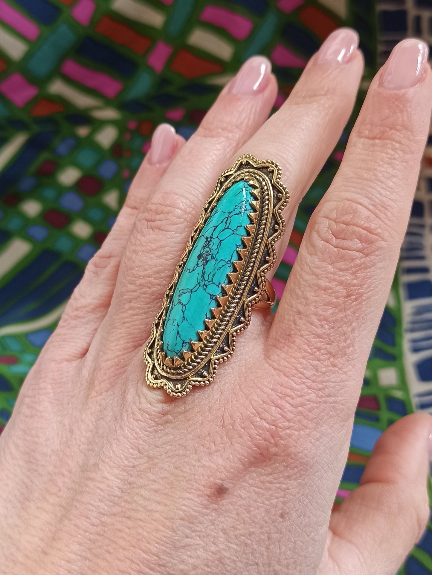 Turquoise long golden boho ring