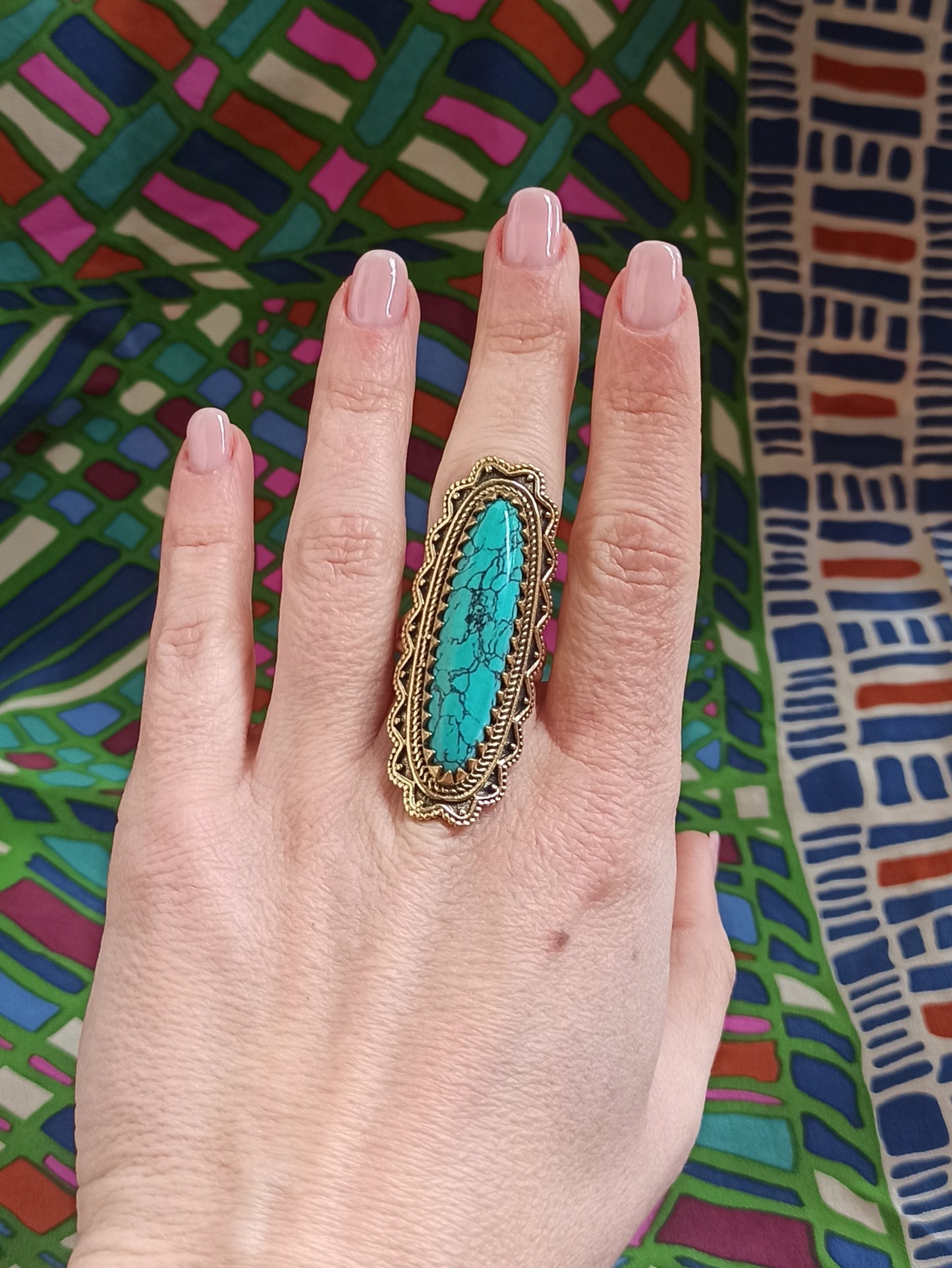 Turquoise long golden boho ring