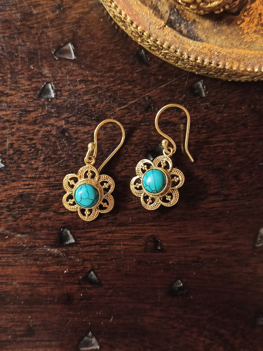 Golden boho earrings with turquoise flower