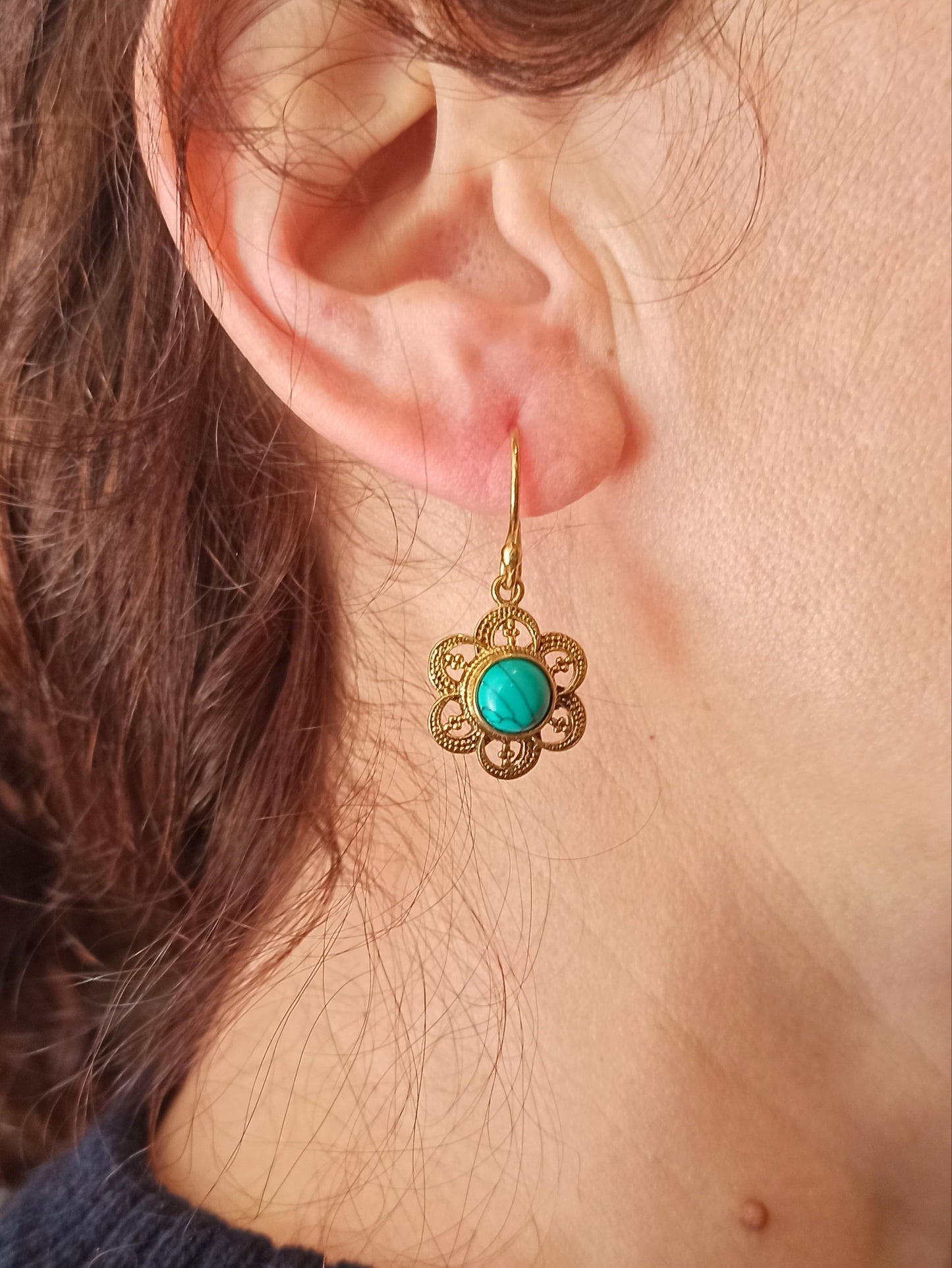 Golden boho earrings with turquoise flower