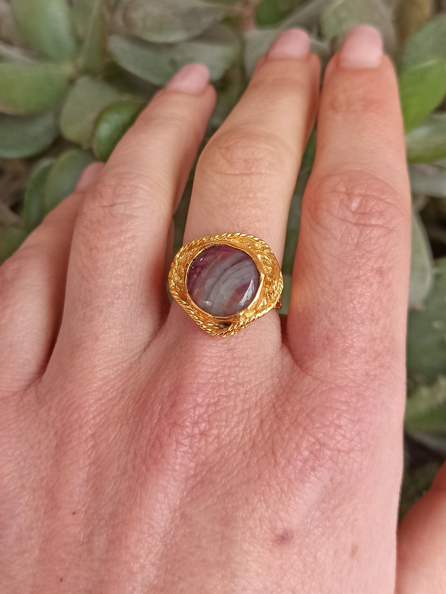 Gray and purple agate golden ring