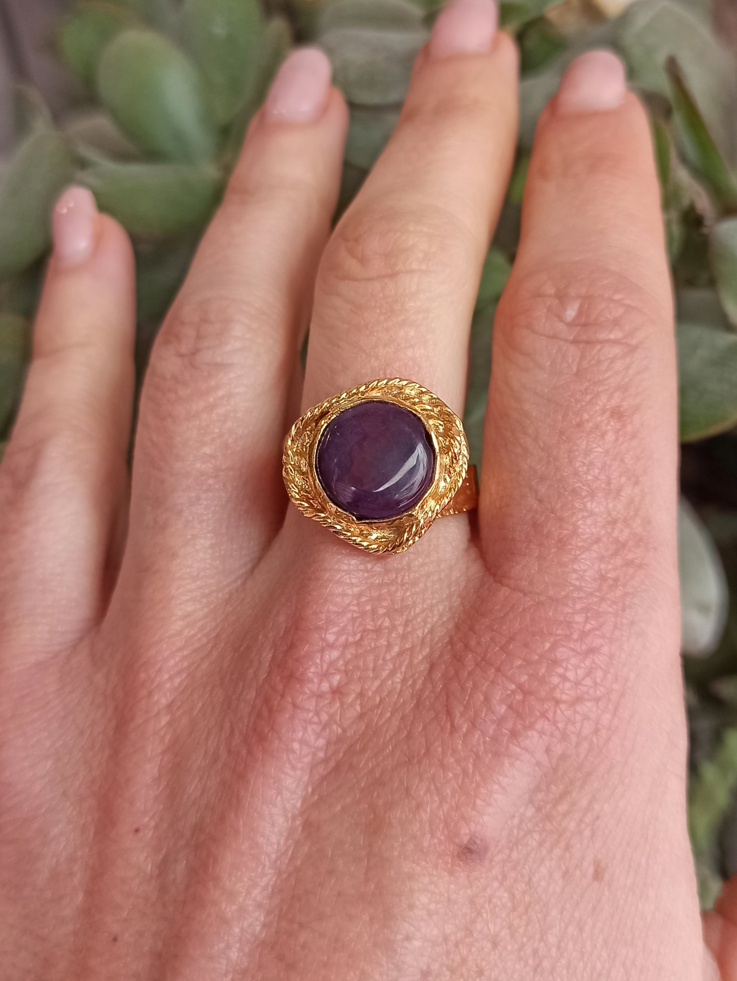 Golden purple agate ring