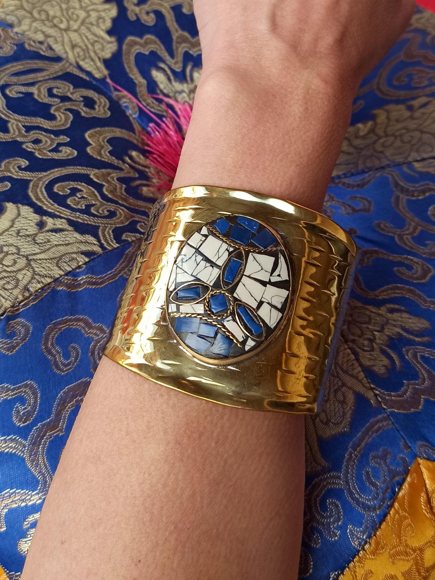 Blue mosaic golden bangle bracelet