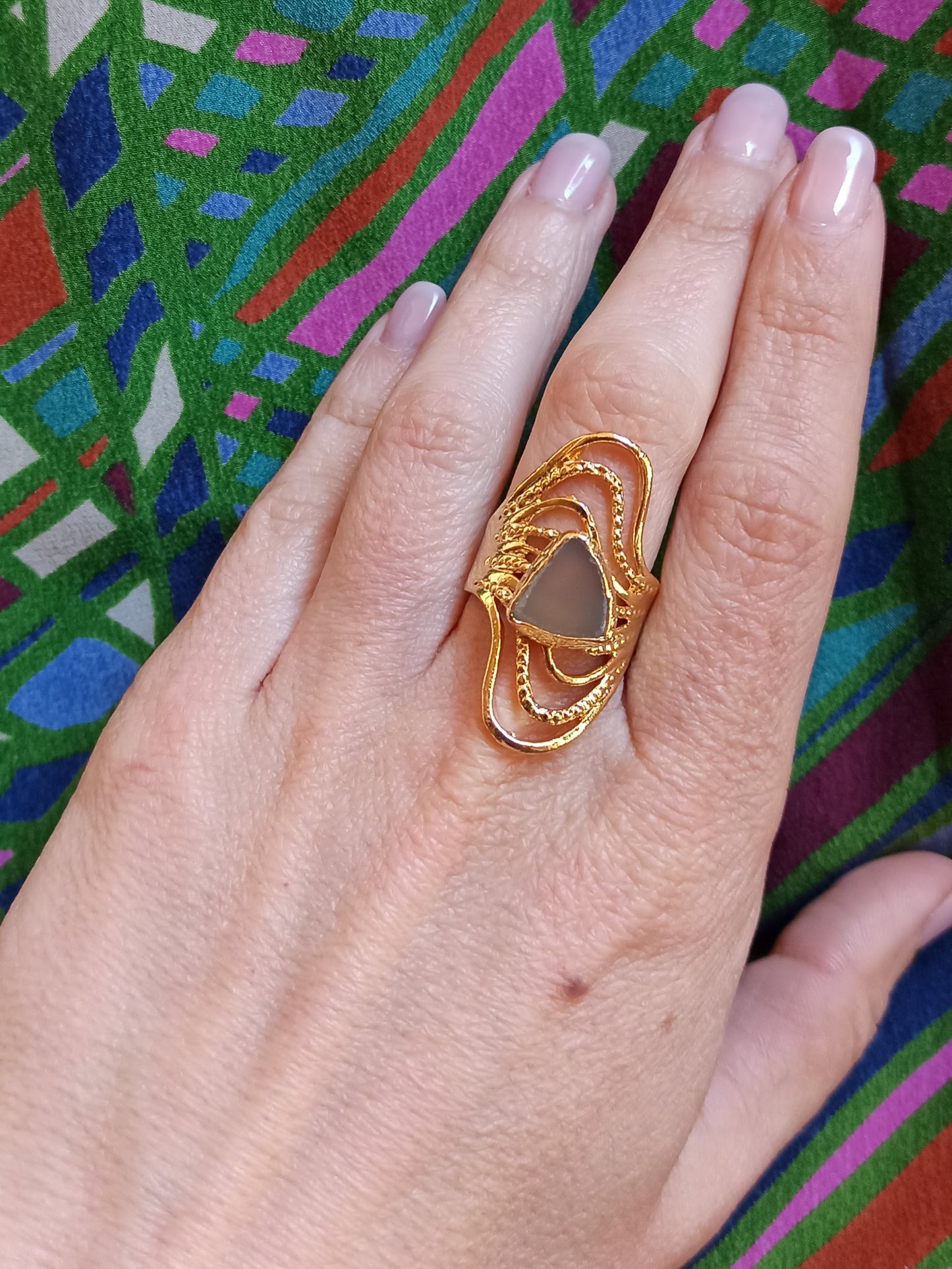 Golden beige agate band ring