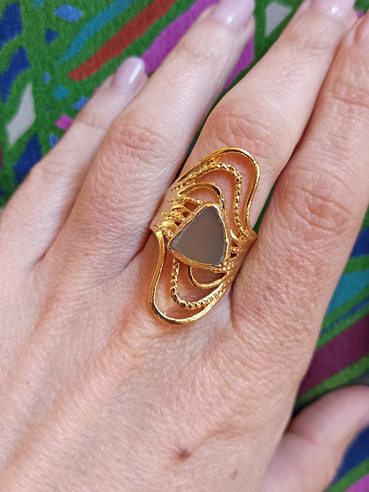 Golden beige agate band ring