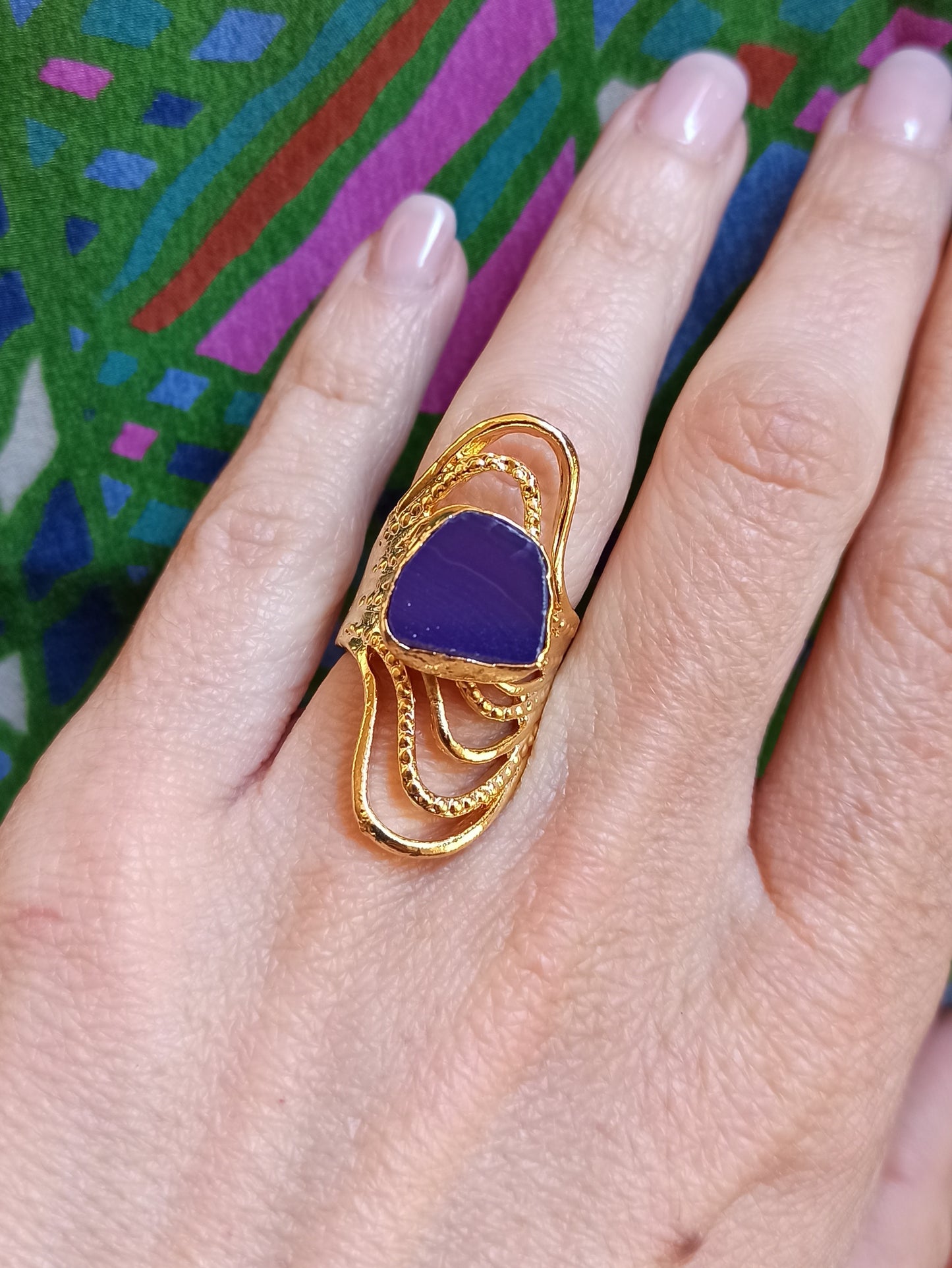 Golden purple agate band ring