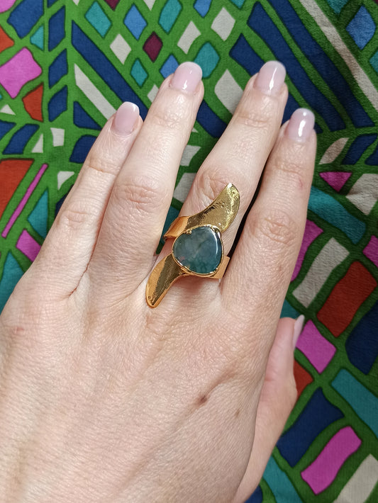 Golden green agate wing band ring