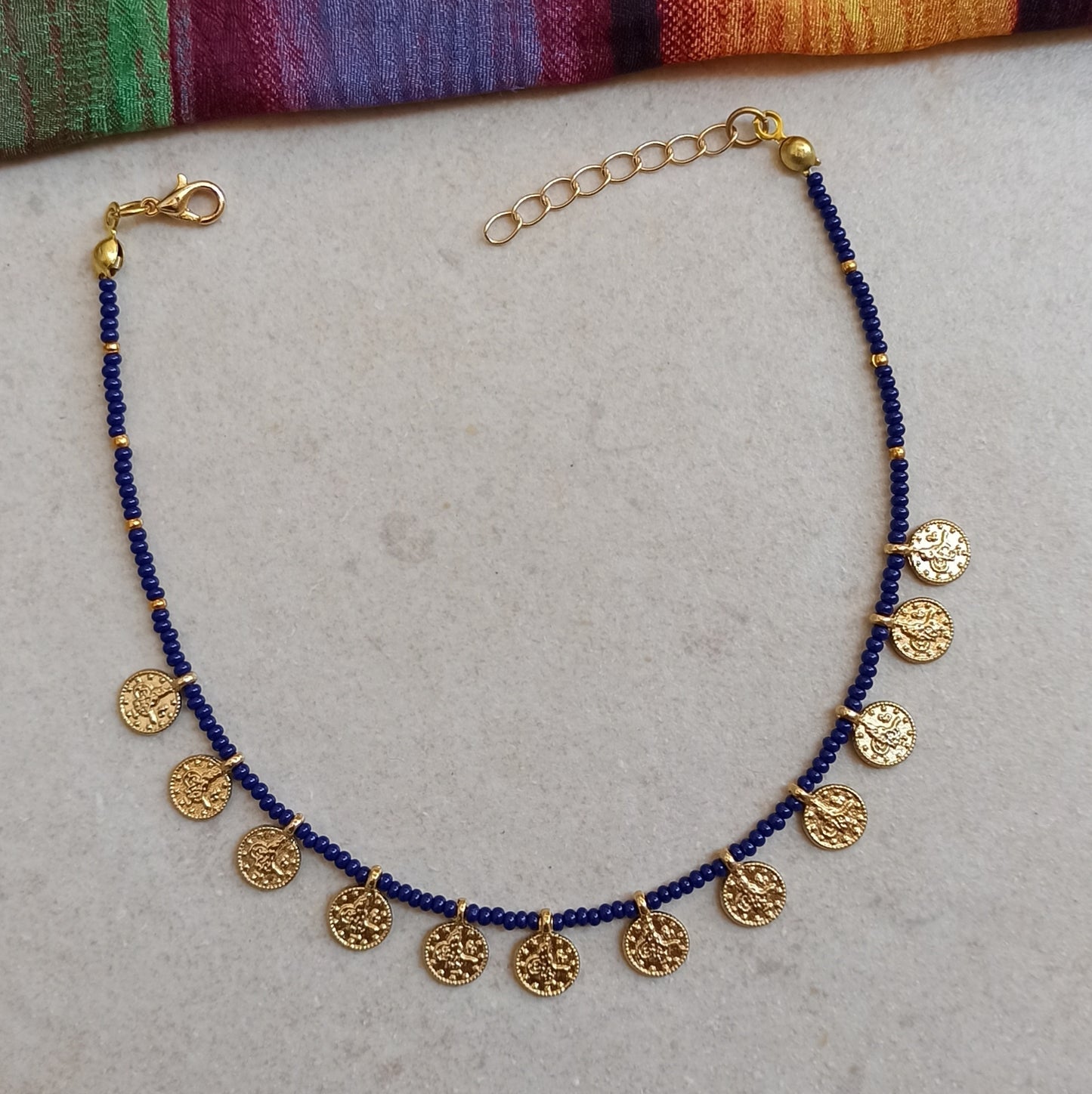 Anklet with blue beads + golden coins