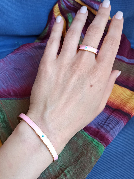 Pink eye bracelet and ring set