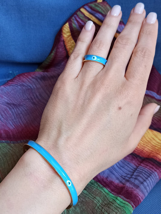 Blue eye bracelet and ring set