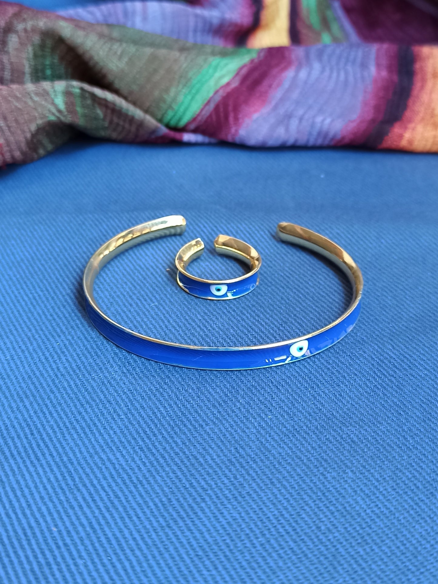 Blue eye bracelet and ring set