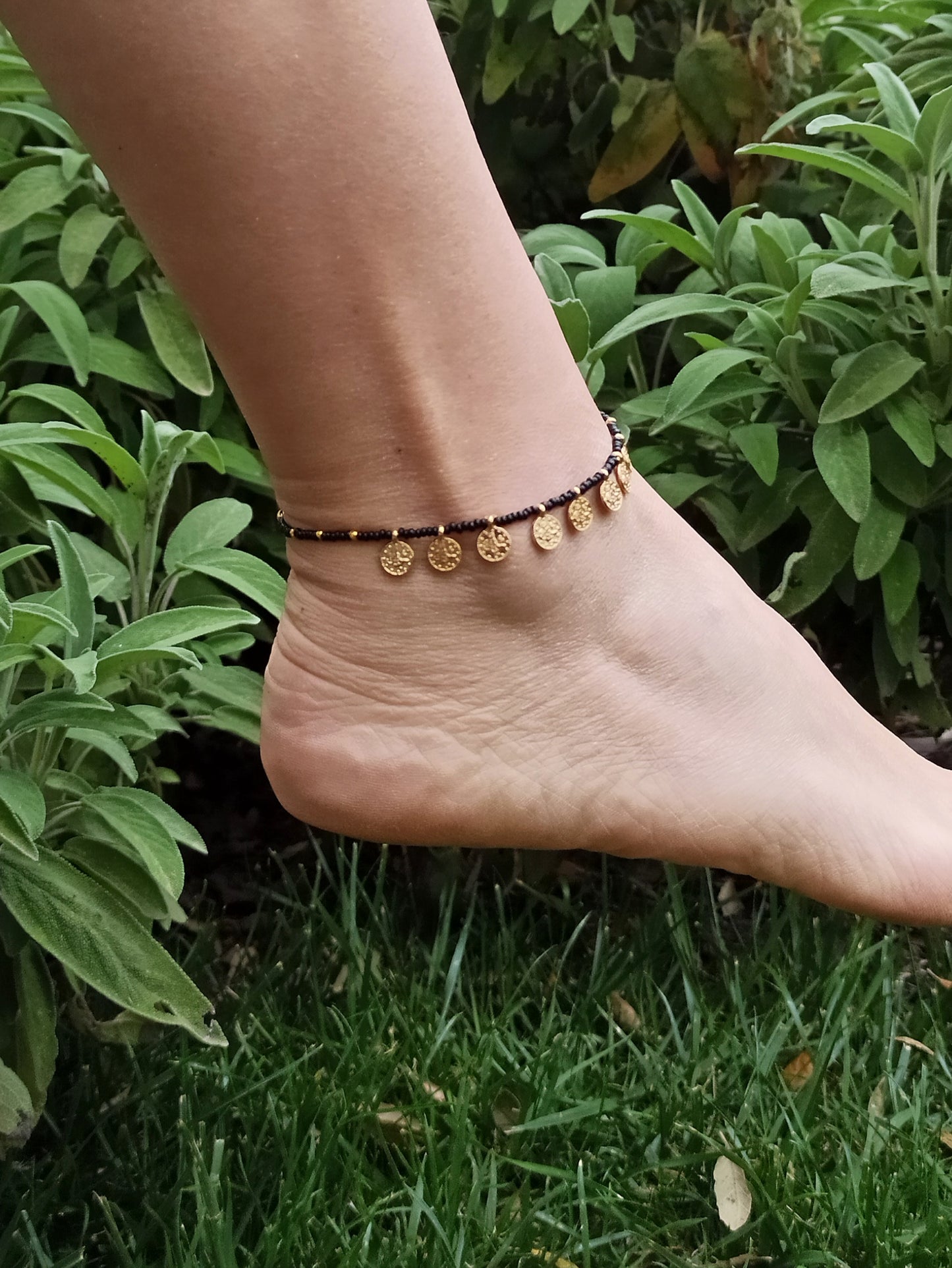 Anklet with black beads + golden coins