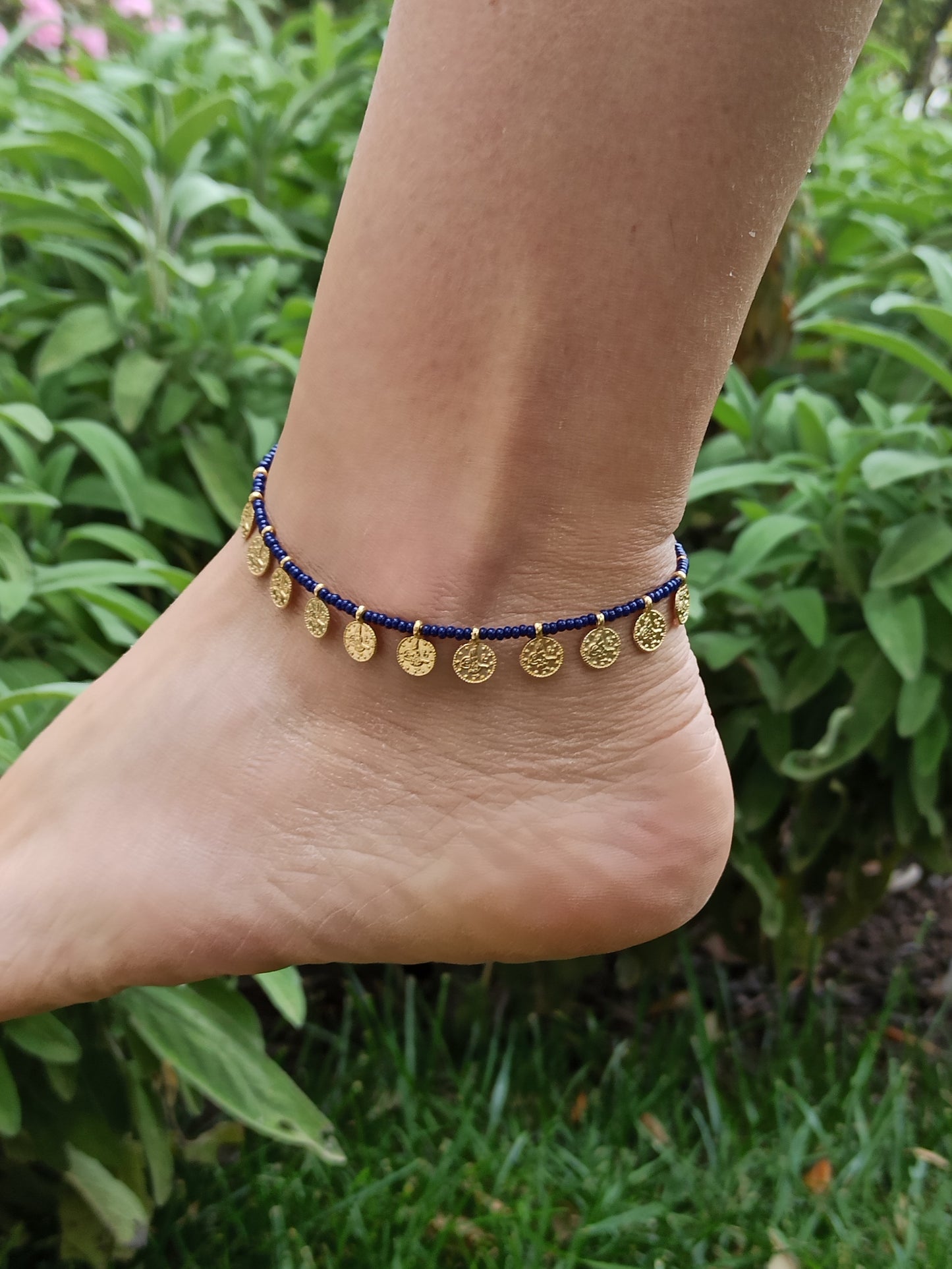 Anklet with blue beads + golden coins