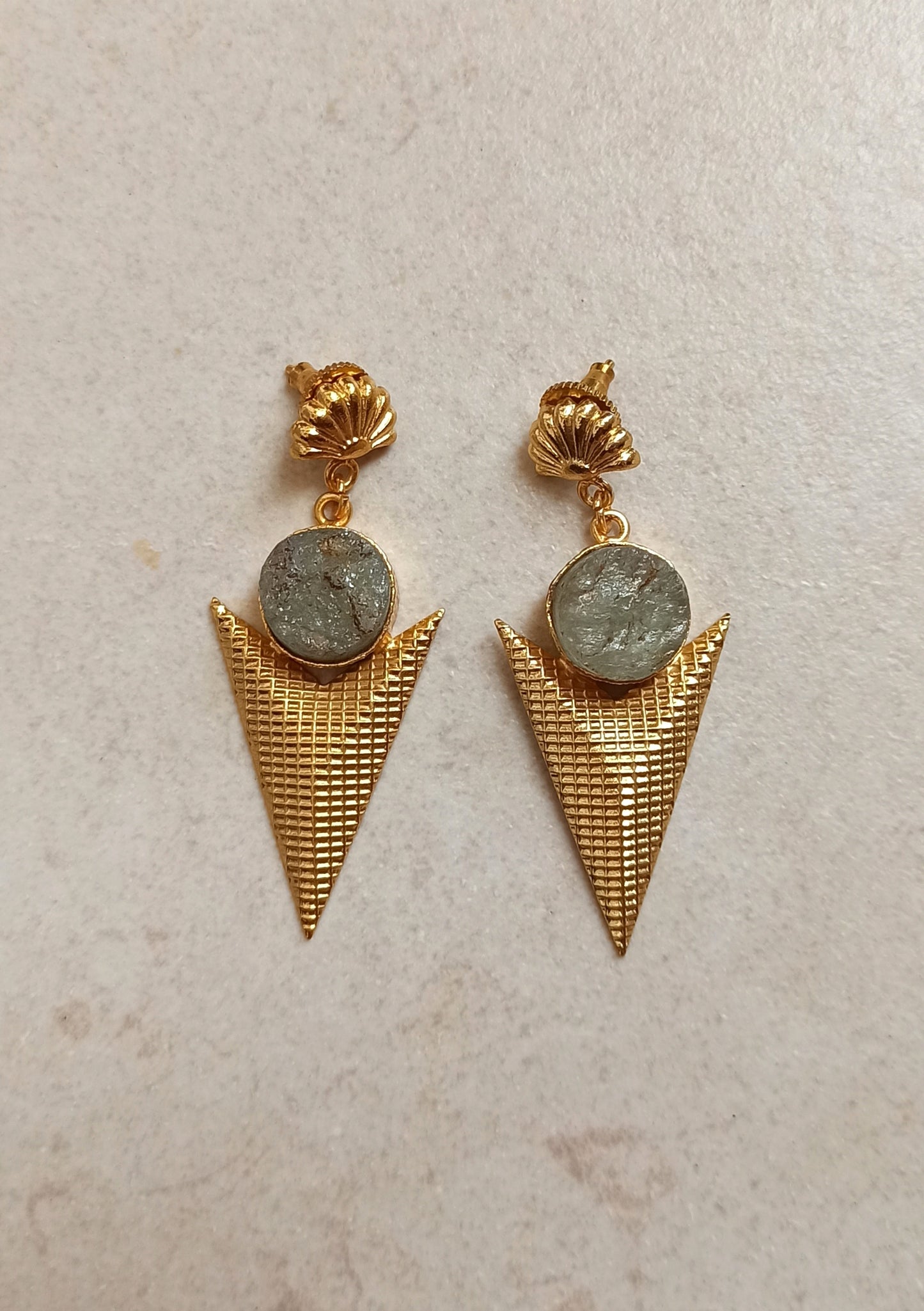 Golden green stone shell earrings