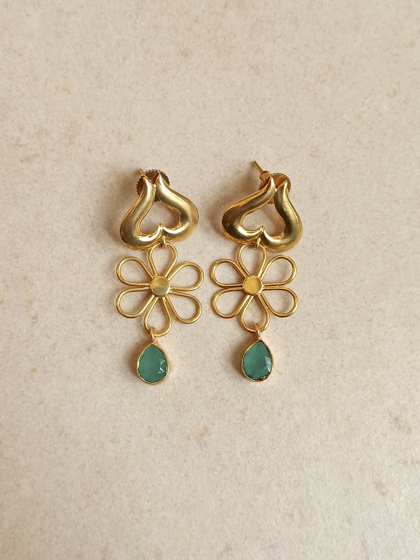 Golden heart and flower earrings