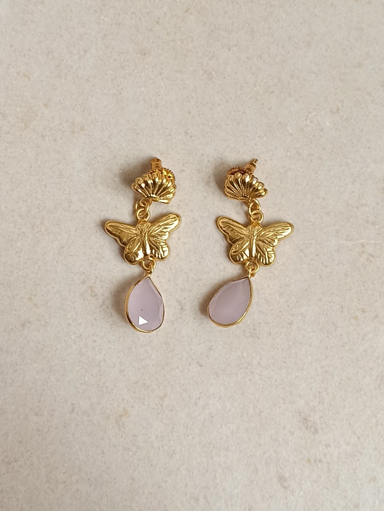 Golden butterfly and shell earrings