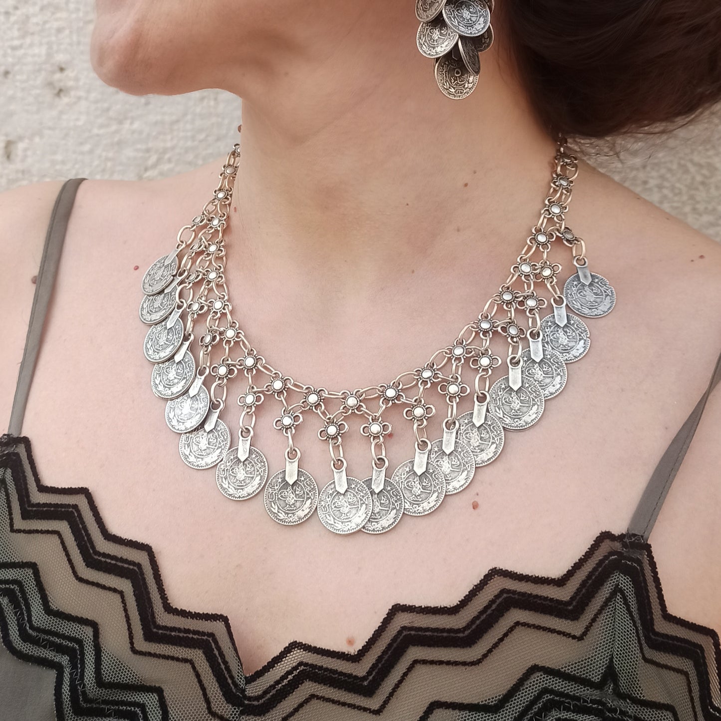 Zamak coin bib necklace