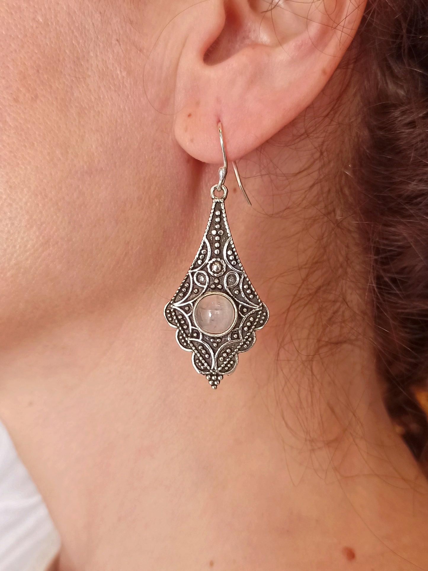 Moonstone engraved rhombus silver boho earrings