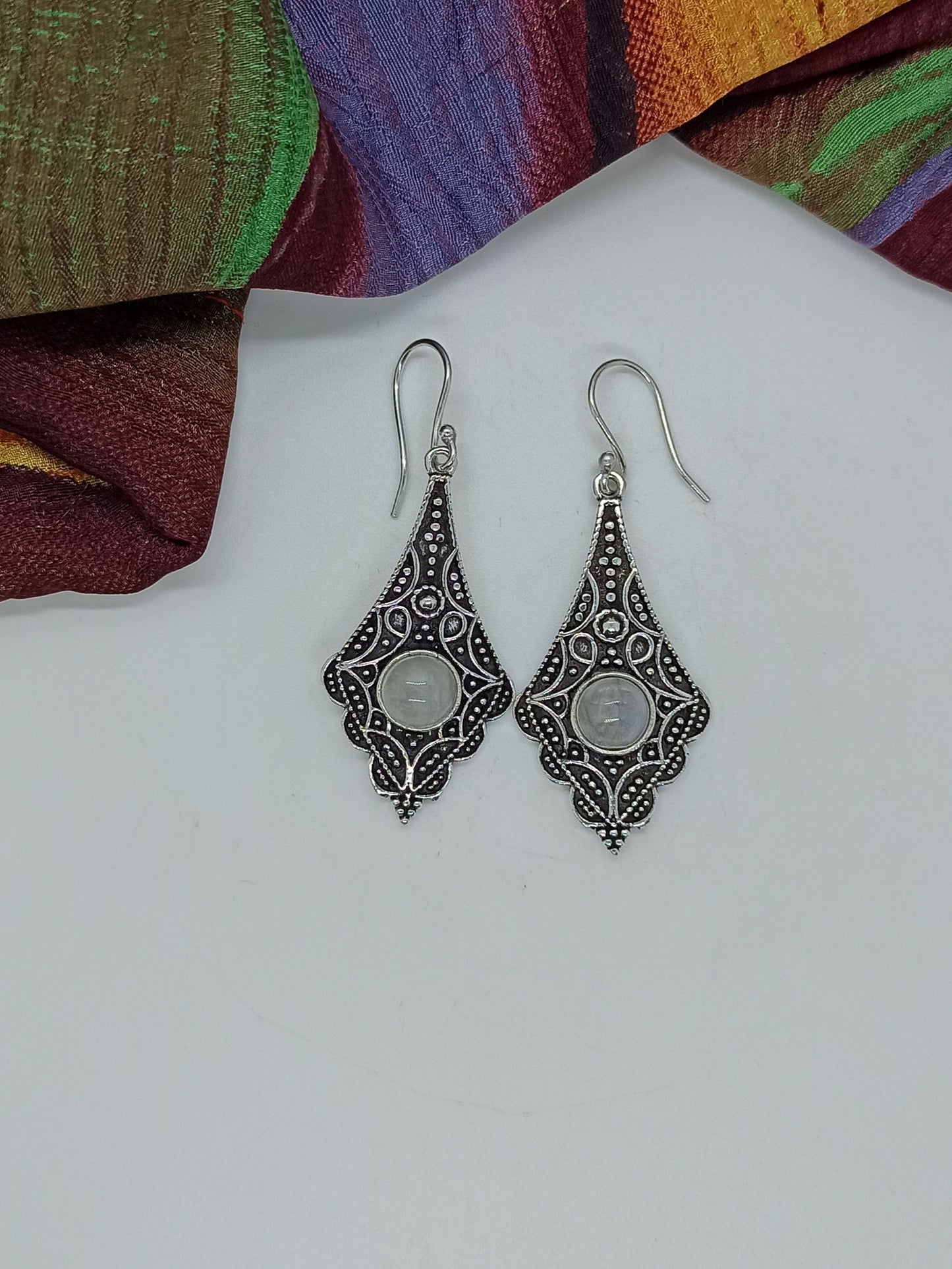 Moonstone engraved rhombus silver boho earrings