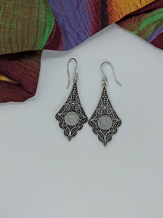 Moonstone engraved rhombus silver boho earrings