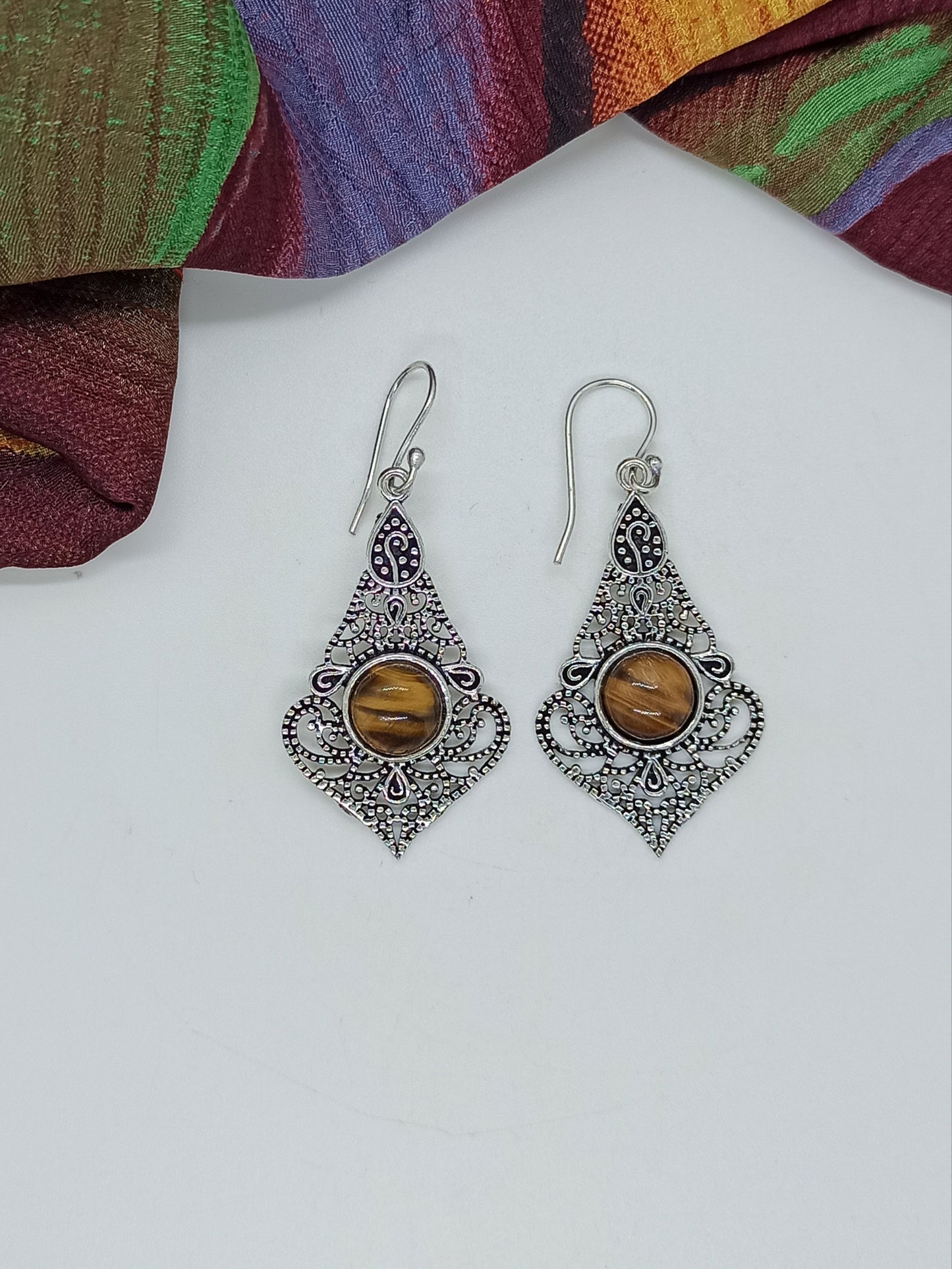 Hawa Mahal tiger eye silver boho earrings