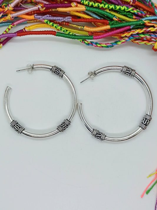 Silver Boho Earrings with Giant Tribal Hoops and Butterfly L