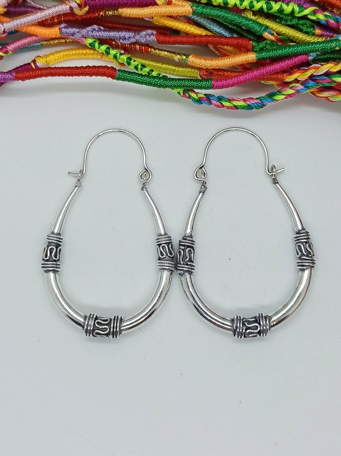 Small tribal oval silver boho earrings