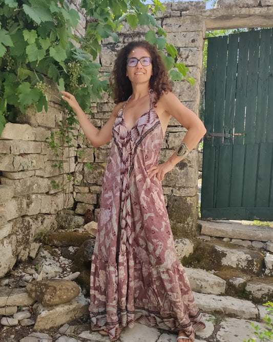 Long purple and antique pink dress