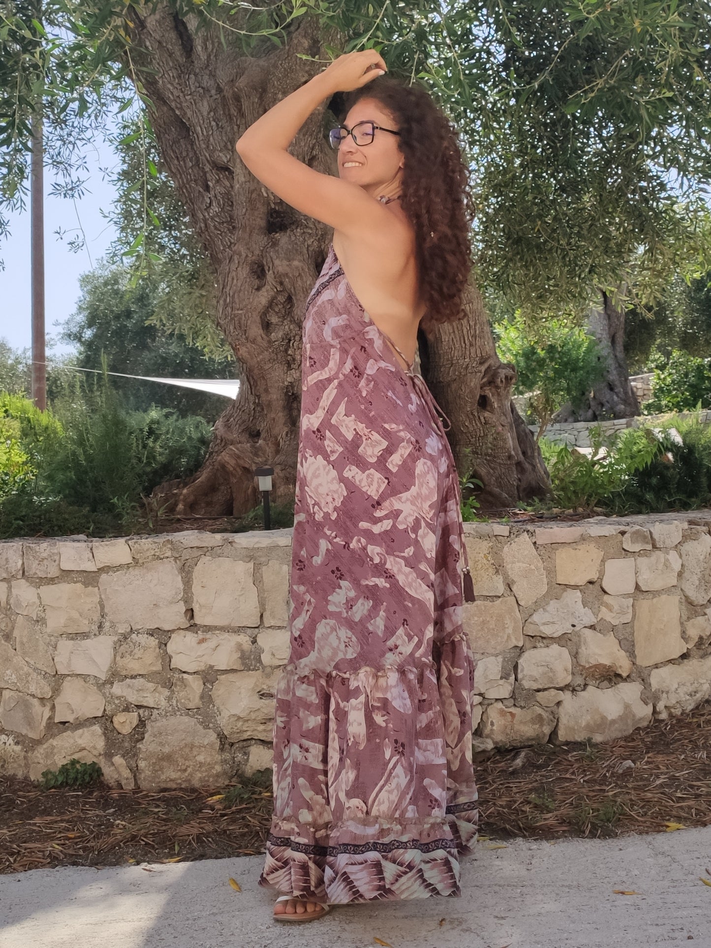 Long purple and antique pink dress